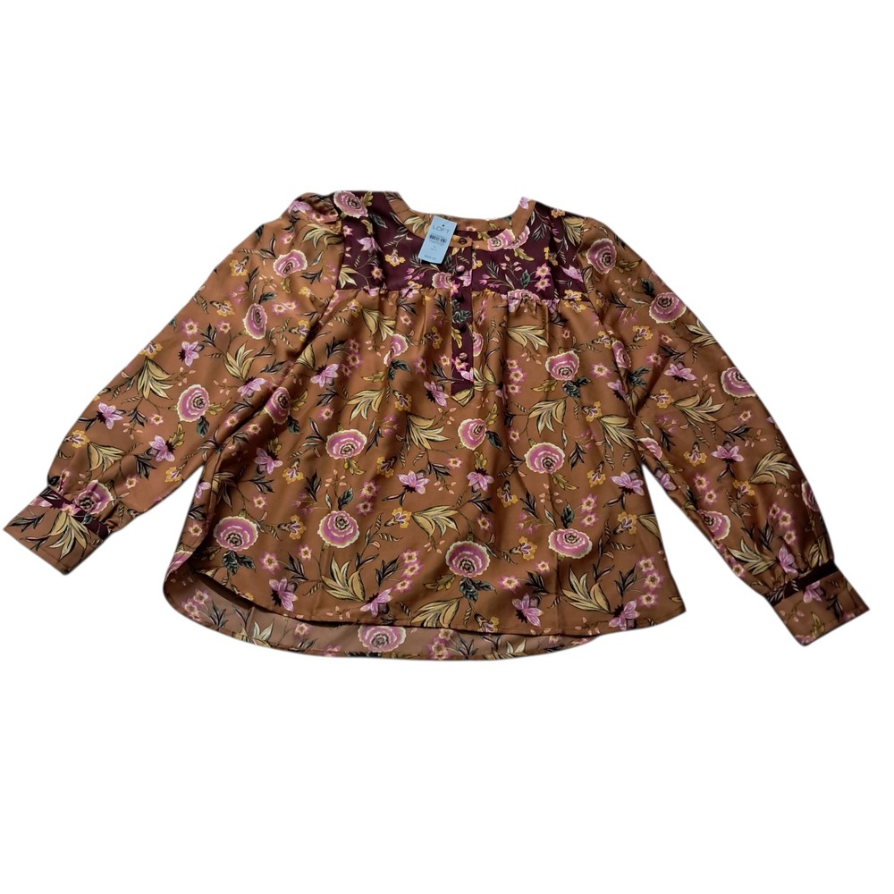 NWT‎ LOFT Top Women's Small Petite Brown Henley Long Sleeve Floral Silky Boho